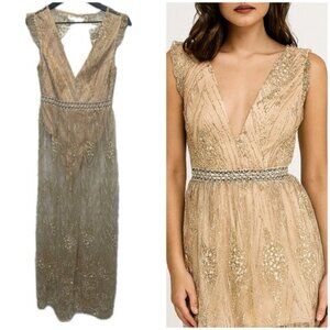 L’atiste by Amy Gold Sheer Mesh Embellished Maxi Dress Size M NWT